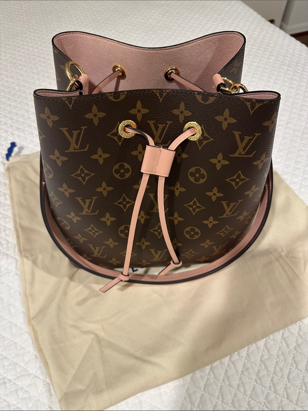 Designer Monogram Bucket Shoulder Bag in Brown with Pink Trim